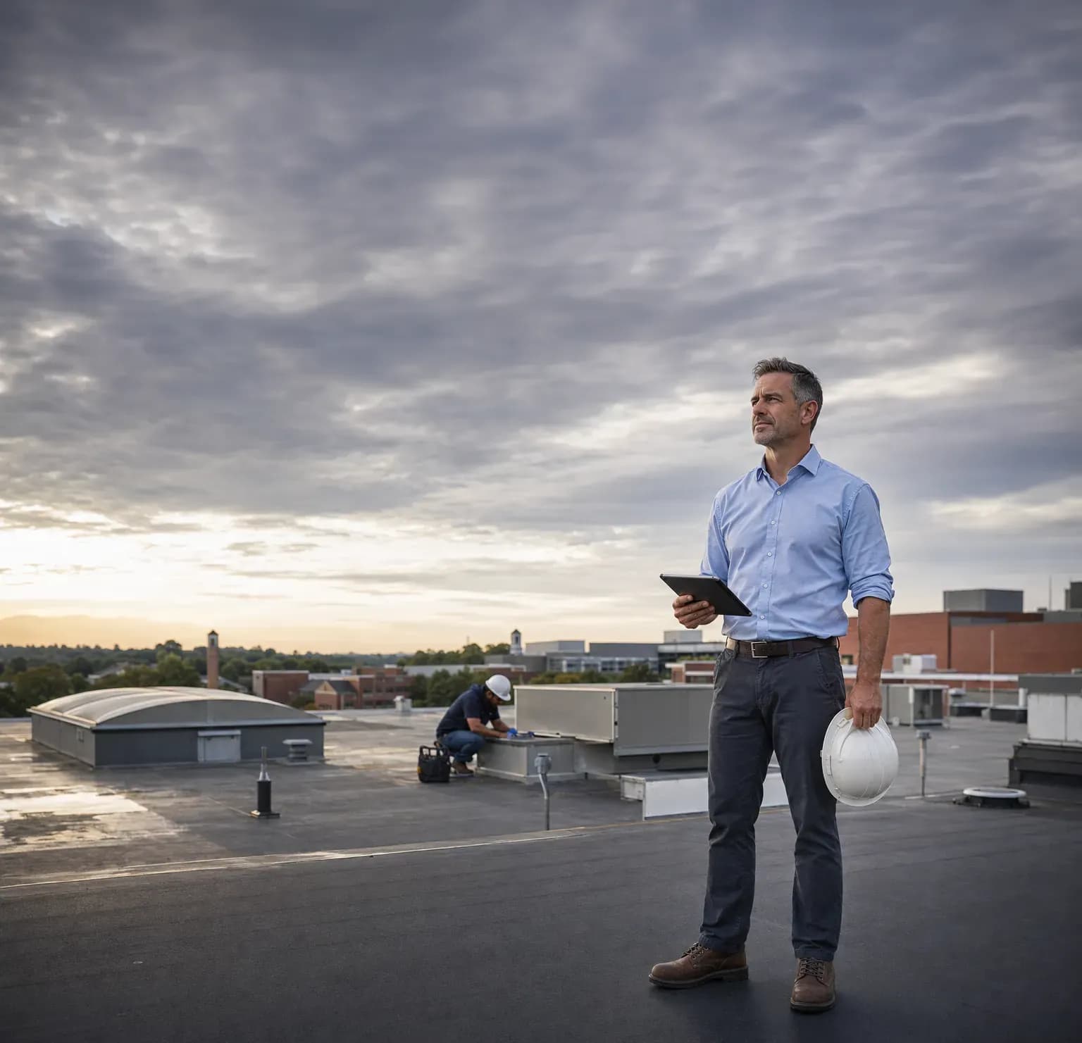 John standing on a commercial roof with a tablet