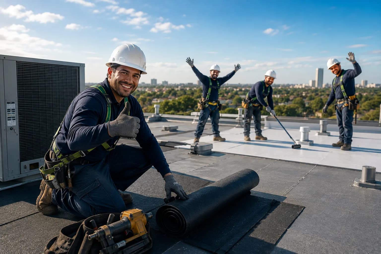 Roof crew at work under an evening sky
