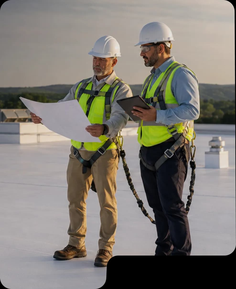 Crew applying a fluid-applied coating across a roof