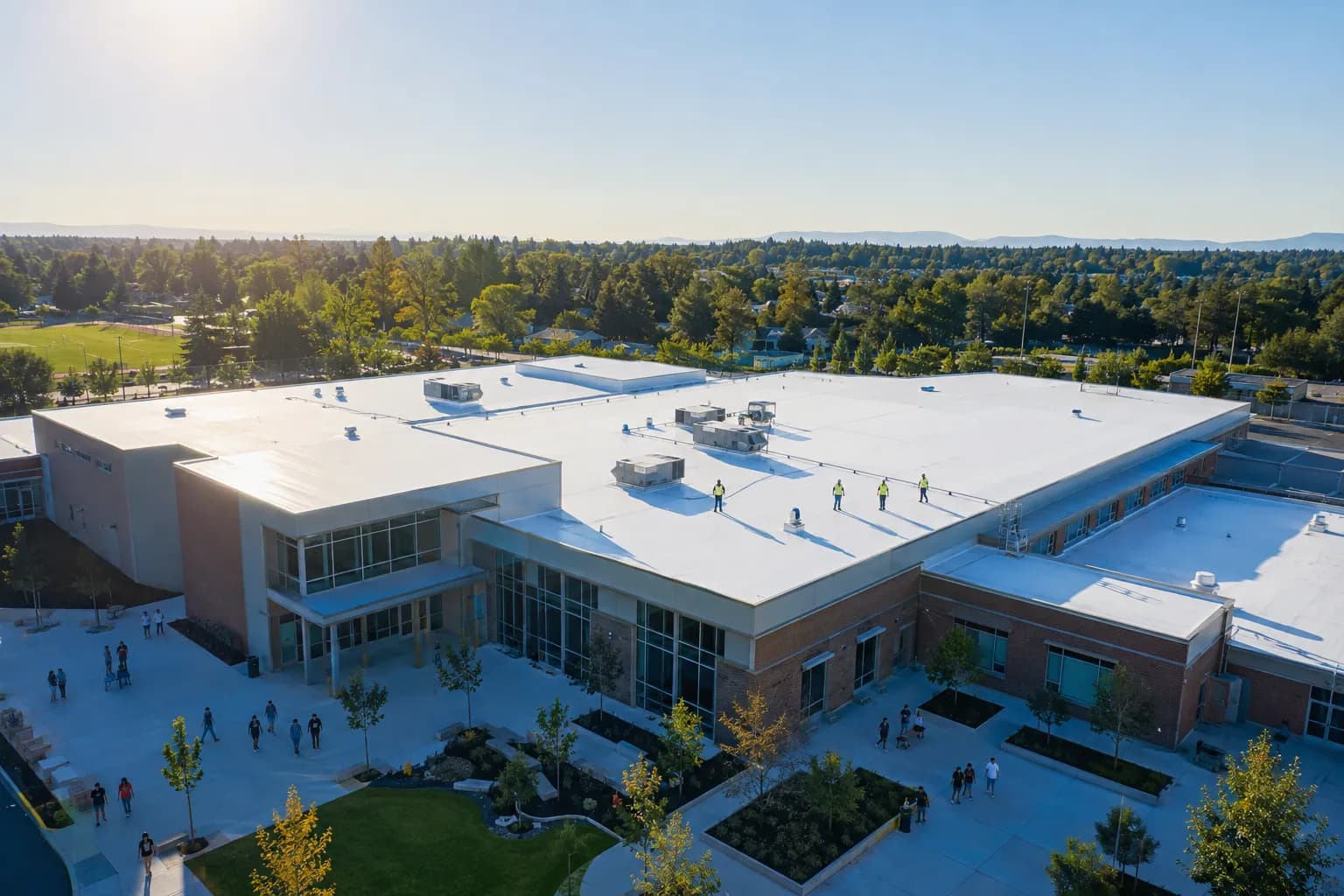 Aerial view of a large campus roof