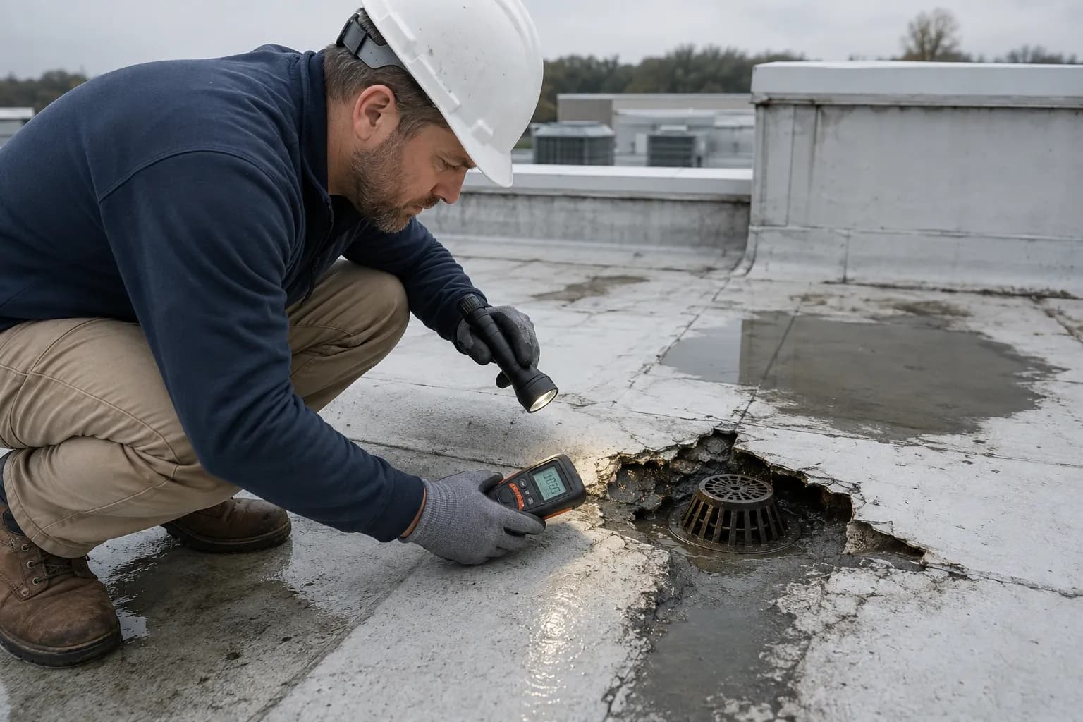 Commercial roof and rooftop units seen from above