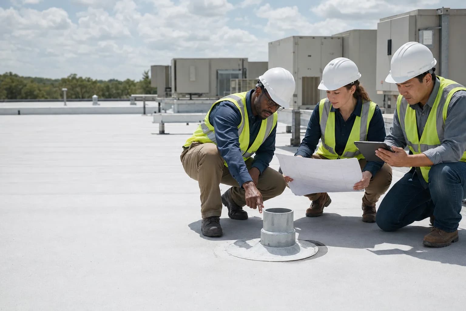 Roofer inspecting a failed detail on a flat roof
