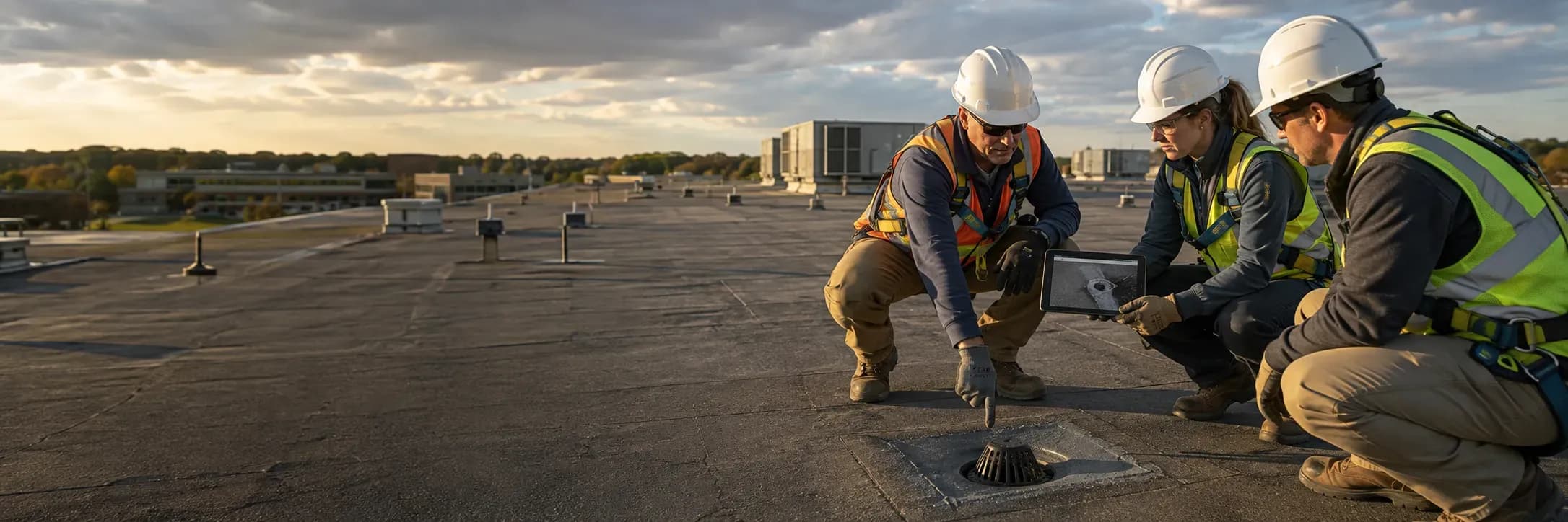 Roofing crew working at dusk above a school campus
