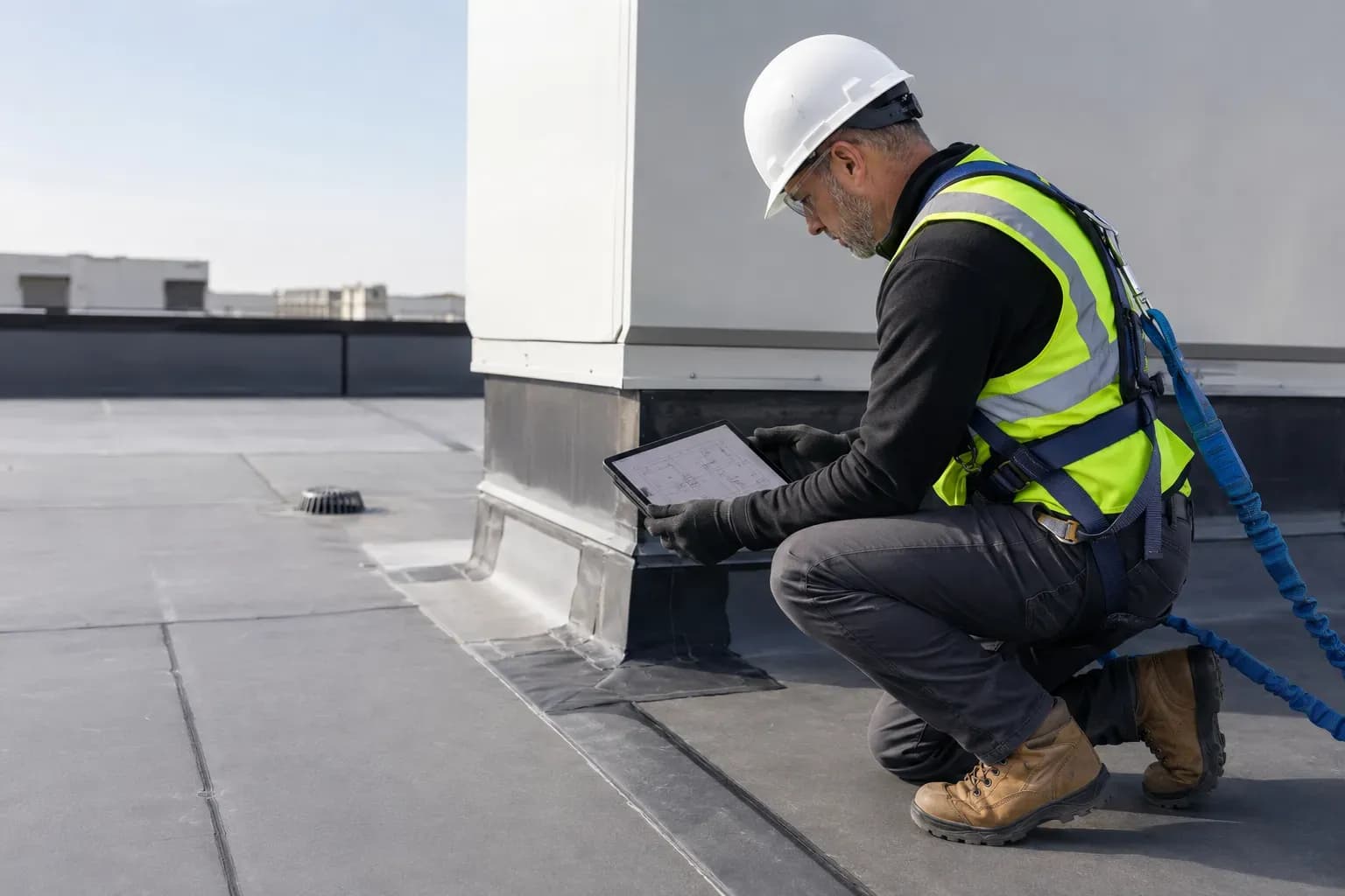Two roofers inspecting rooftop equipment together