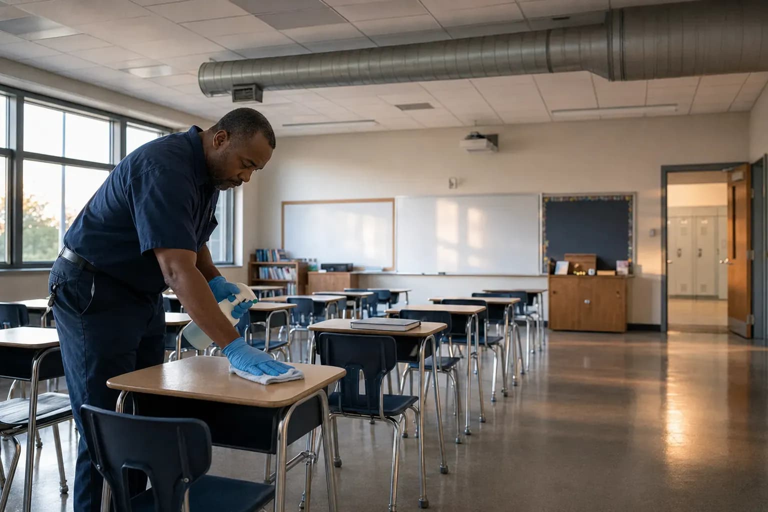 Cleaner wiping down a desk in an empty classroom