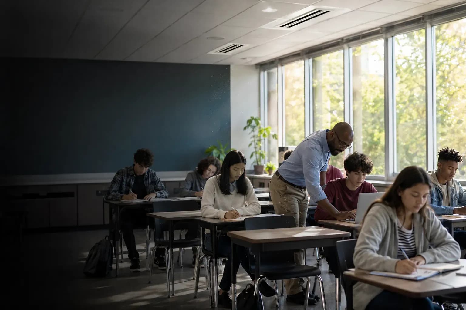 Students working at desks in a naturally lit classroom