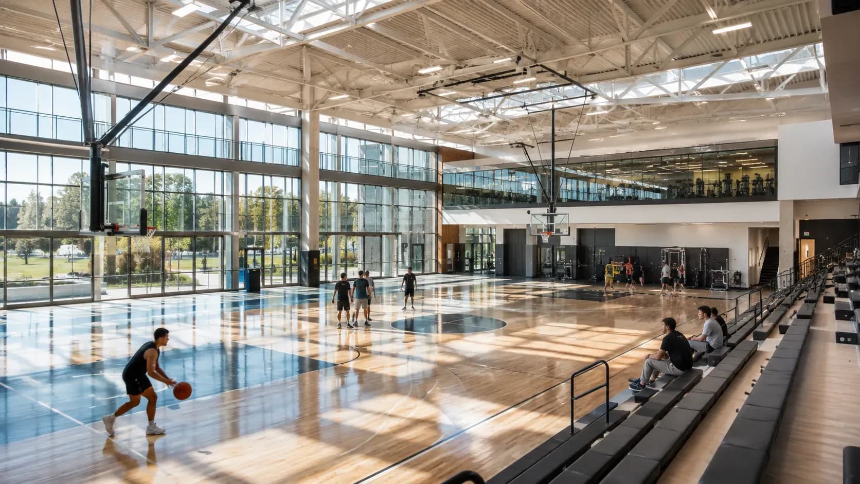 School gymnasium with bleachers and a polished court