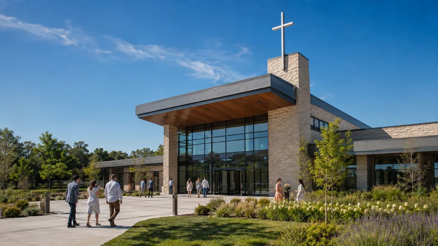 Timber-clad church exterior under a clear sky