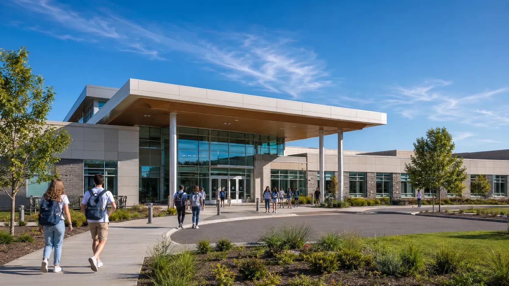 Entrance canopy of a contemporary school campus