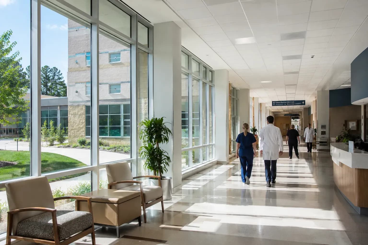 Daylit hospital atrium with a seating area