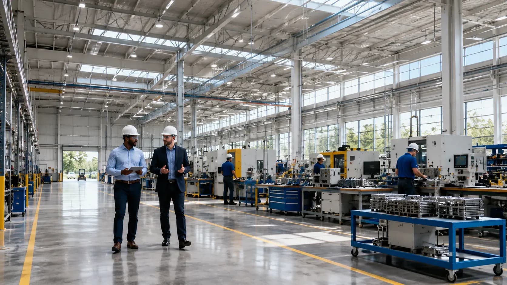 Two staff walking the floor of a manufacturing plant