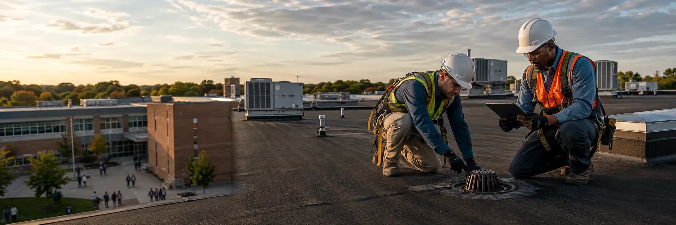 Crew walking a commercial roof at dusk