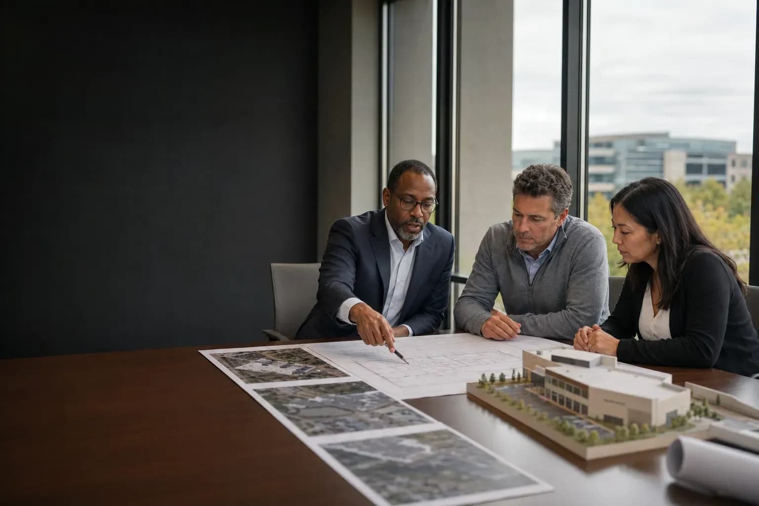 Harvest staff reviewing a building model with a client around a table
