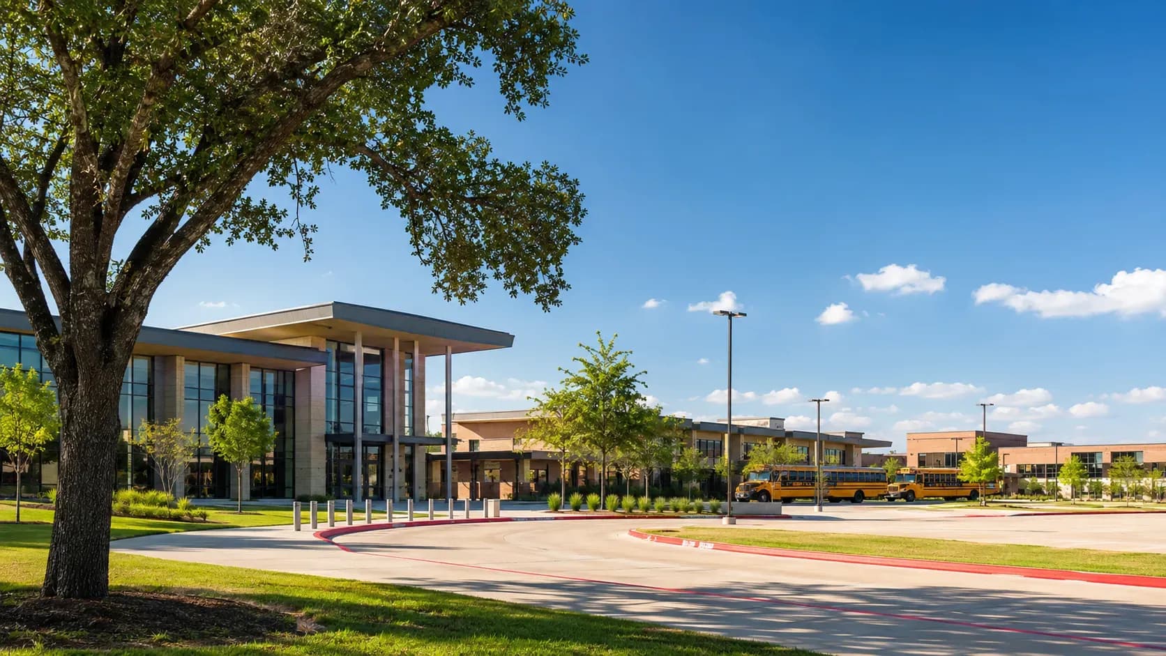 Campus buildings under a clear sky