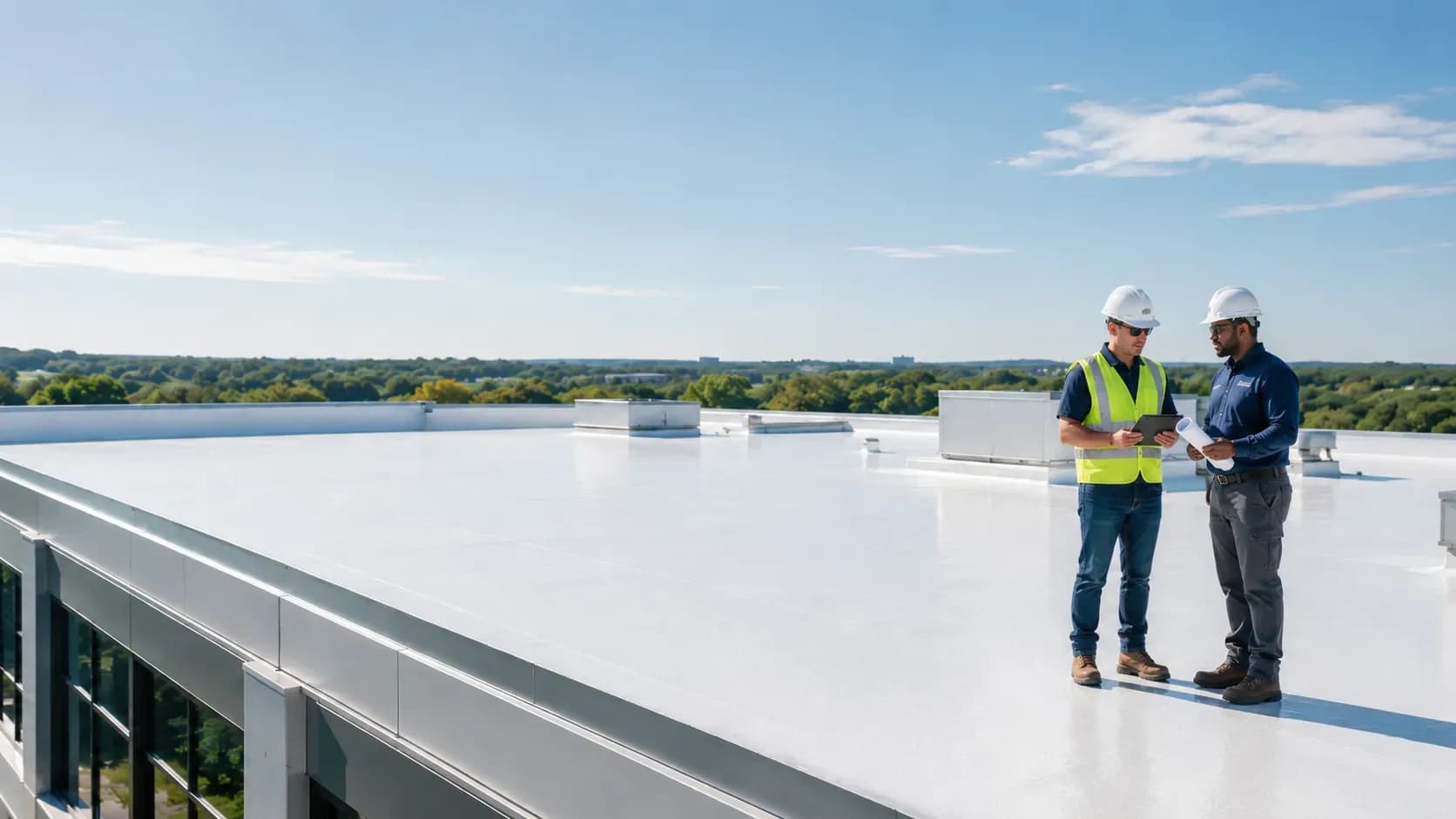 Two Harvest inspectors on a restored white commercial roof