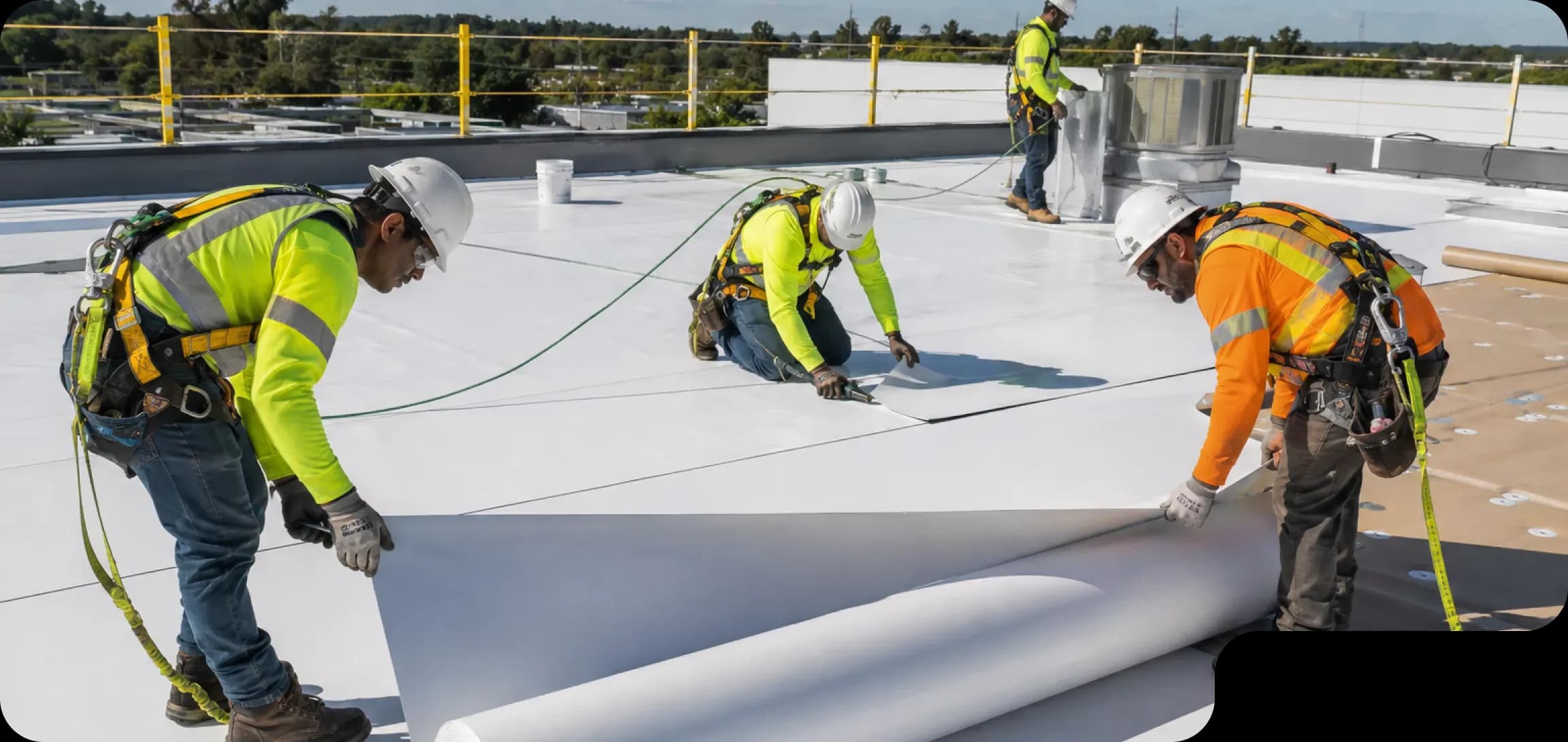 Crew rolling reinforcing fabric into a fluid-applied coating