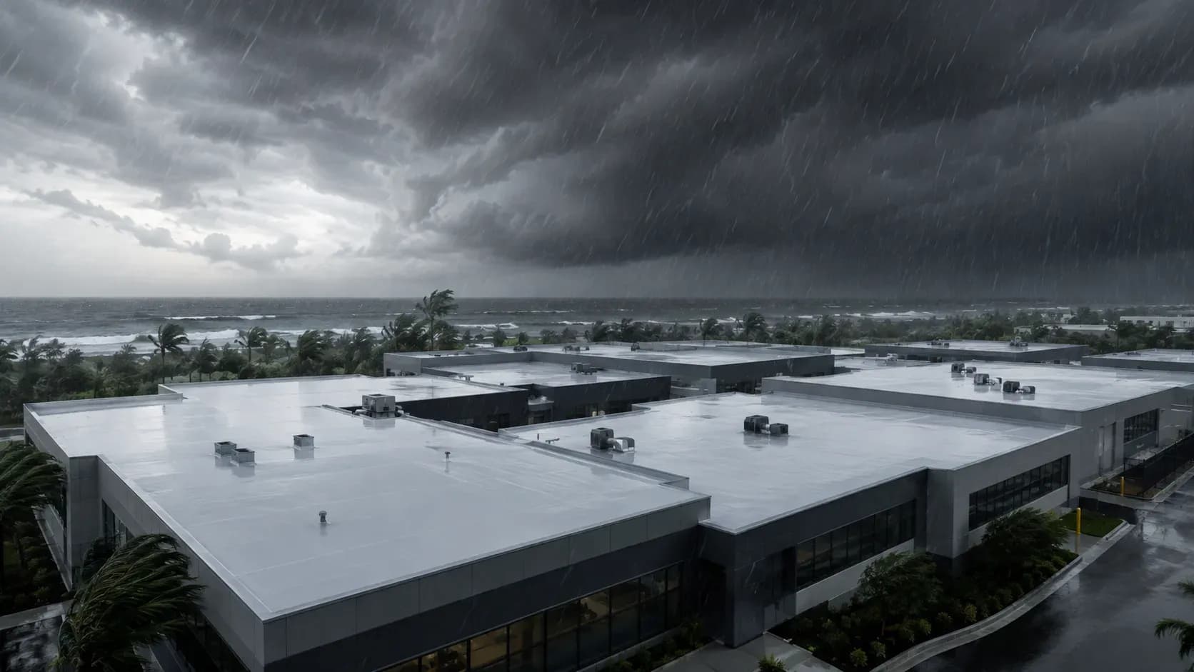 Storm clouds gathering over a wide white commercial roof