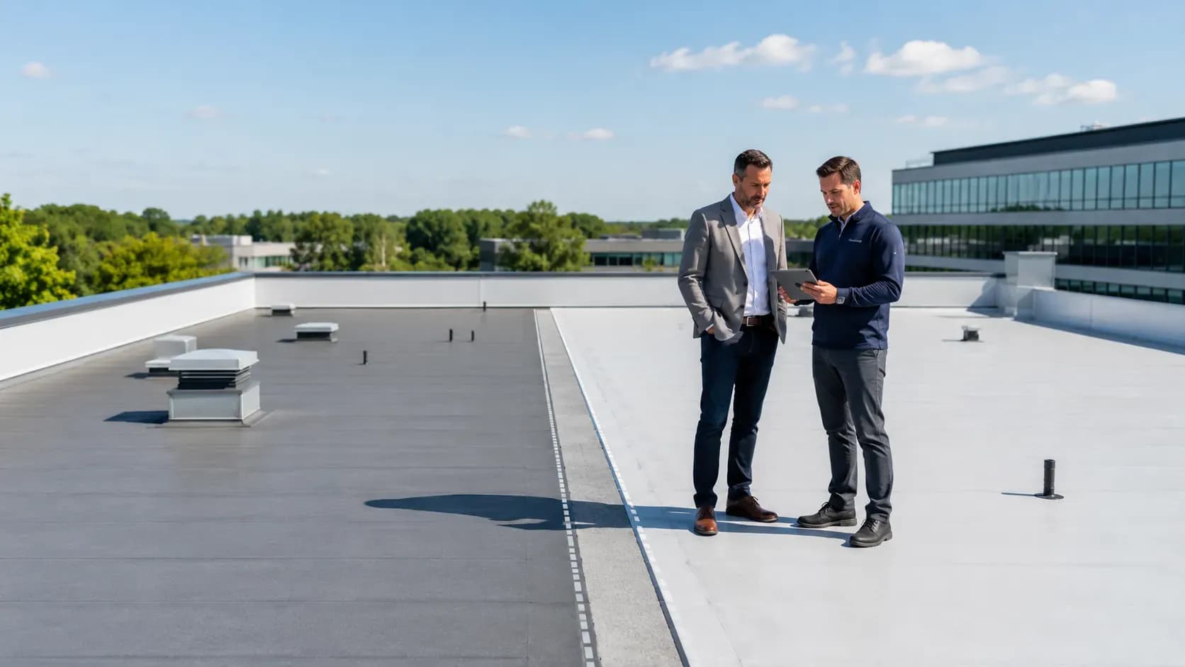 Two people reviewing rooftop details beside a mechanical unit